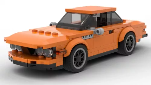 LEGO BMW E9 3 0 CSL Alpina scale model in orange color on white background
