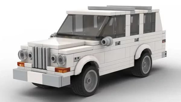 LEGO Jeep Wagoneer 65 scale model on white background