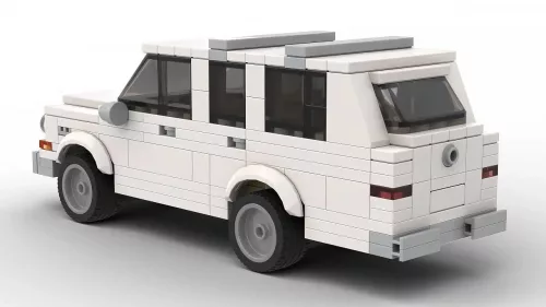 LEGO Jeep Wagoneer 65 scale model on white background rear view