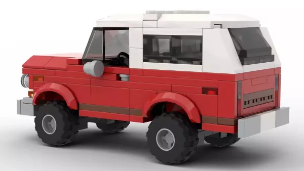 LEGO GMC Jimmy 72 scale model in red color on white background rear view