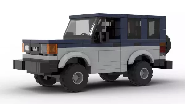 LEGO Isuzu Trooper II 88 4door scale car with two tone blue and gray paint scheme on white background side view
