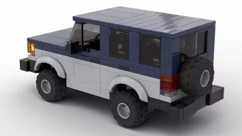 LEGO Isuzu Trooper II 88 4-door scale car with two tone blue and gray paint scheme on white background rear view