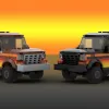 two LEGO Ford Bronco 1979 models on colorful sunset background