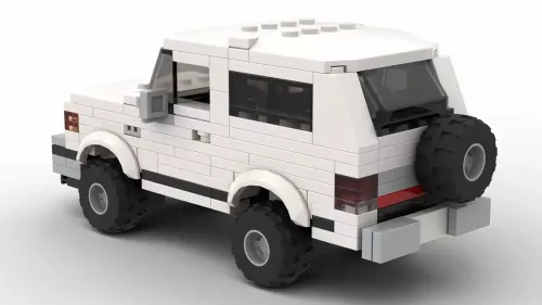 LEGO Ford Bronco 90 scale model on white background rear view angle