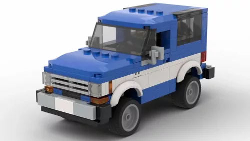 LEGO Ford Bronco II 85 scale model in two tone blue and white color scheme on white background