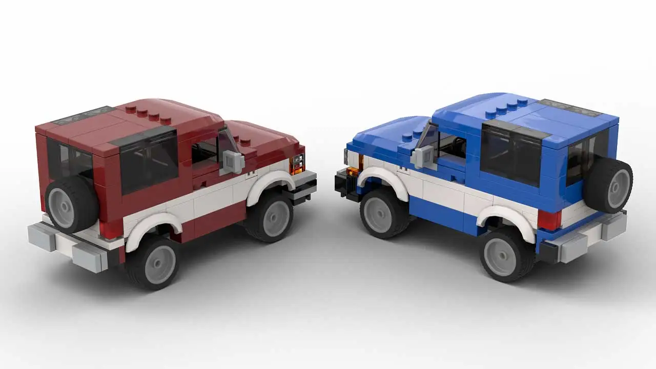 Two LEGO Ford Bronco II scale models rear view angle