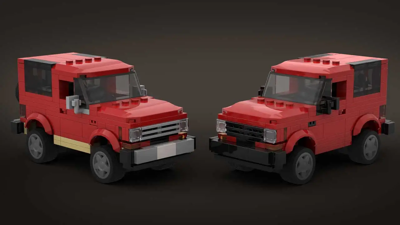 Two LEGO City scale Ford Bronco II models in red color on dark background