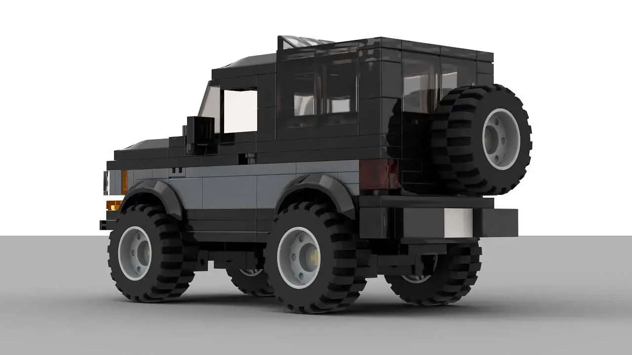 LEGO Ford Bronco II custom 4x4 MOC scale mode in black color with large wheels added rear view angle