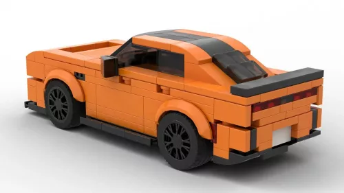 LEGO Dodge Charger RT 25 4door scale car in orange color on white background rear view angle