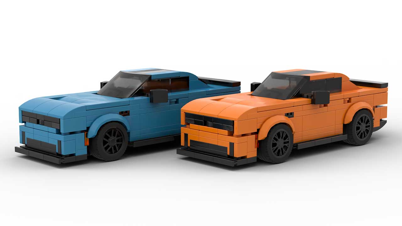 LEGO Dodge Charger 2025 EV scale brick models on white background
