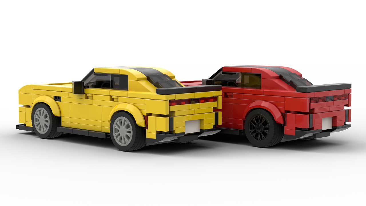 LEGO Dodge Charger 2025 scale brick models on white background rear view angle