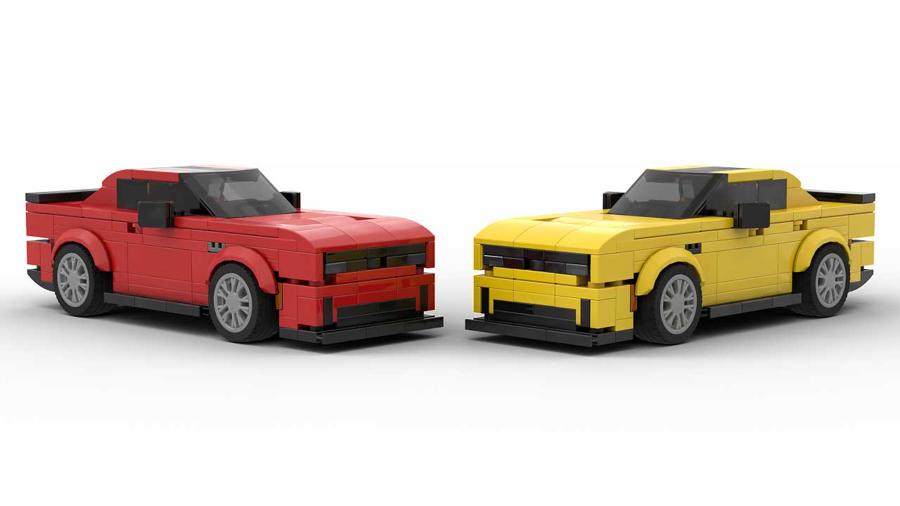 Two LEGO Dodge Charger 2025 scale brick models on white background