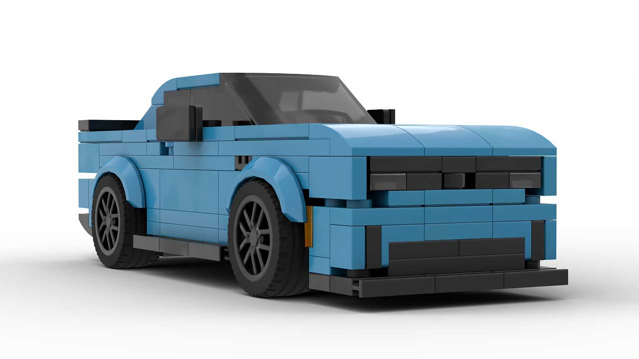 LEGO Dodge Charger Daytona 2025 scale brick model in dark azure color on white background