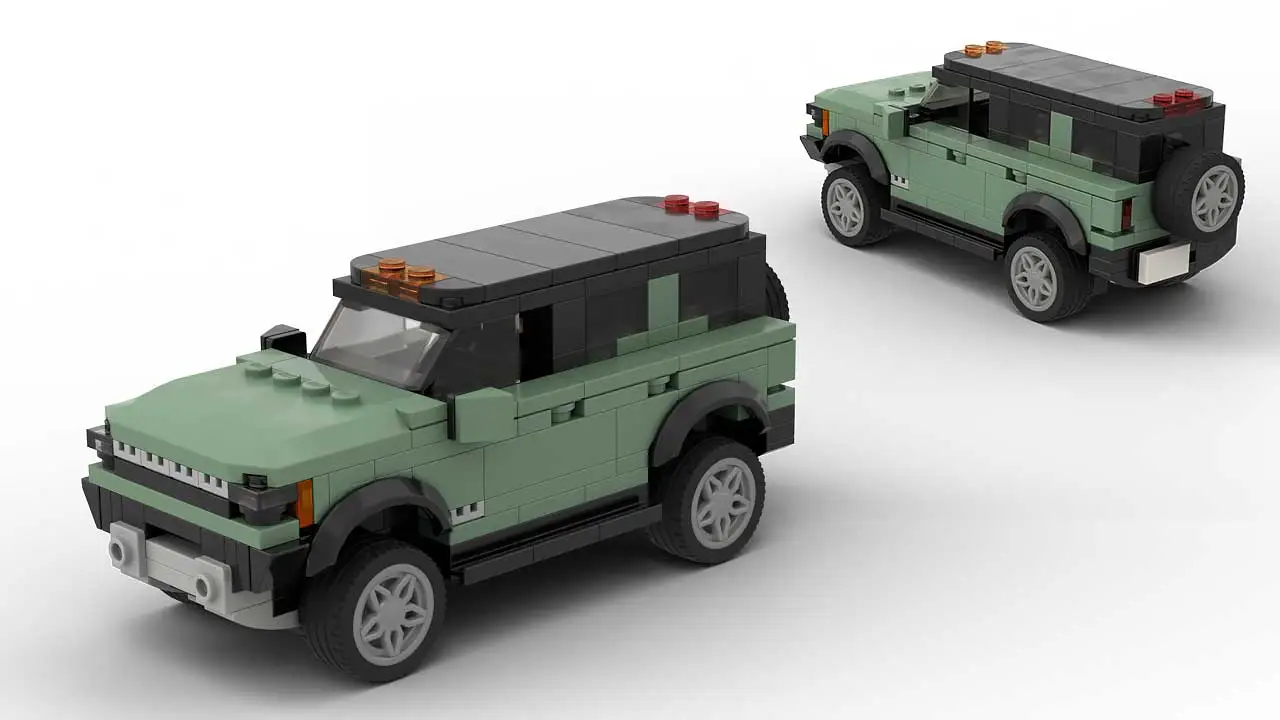 LEGO GMC Hummer EV scale model in sand green color on white background