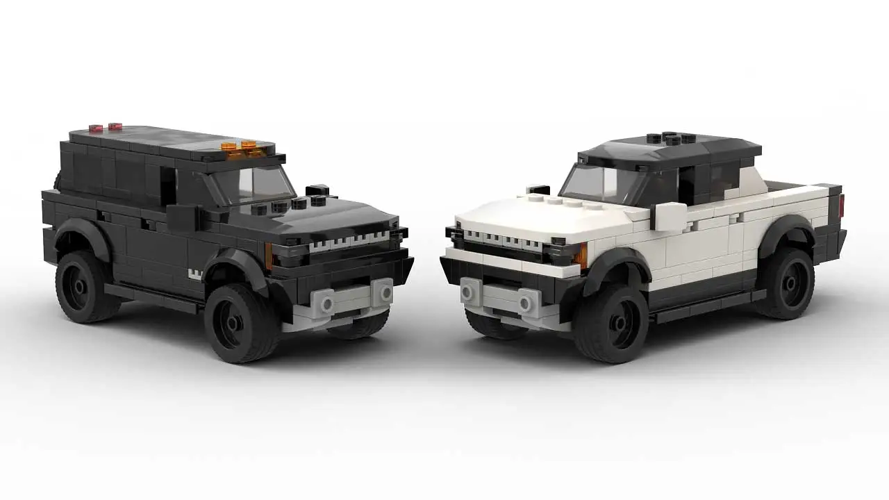 Two LEGO GMC Hummer EV scale bricks models on white background