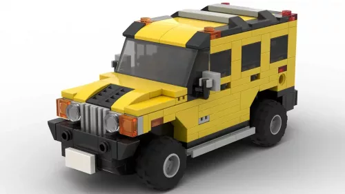 LEGO Hummer H2 scale brick model in yellow color on white background