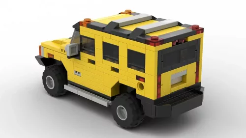 LEGO Hummer H2 scale brick model in yellow color on white background rear view angle