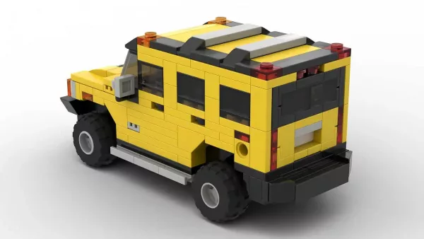 LEGO Hummer H2 scale brick model in yellow color on white background rear view angle