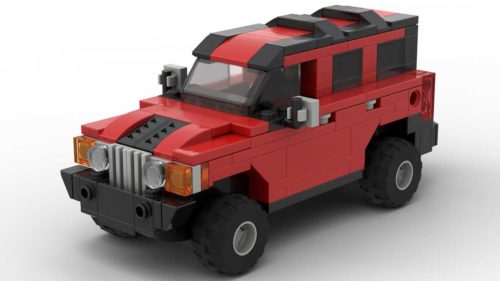 LEGO Hummer H3 scale brick model in red color on white background