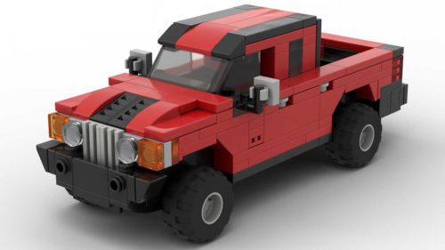 LEGO Hummer H3T Pickup scale brick model in red color on white background