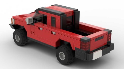 LEGO Hummer H3T Pickup scale brick model in red color on white background rear view angle