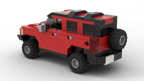 LEGO Hummer H3 scale brick model in red color on white background rear view angle