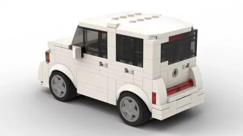 LEGO Nissan Cube 12 scale brick model on white background rear view angle
