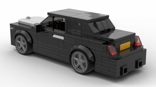 LEGO Pluribus Carol Rolls-Royce Ghost scale brick model in black color on white background rear view angle
