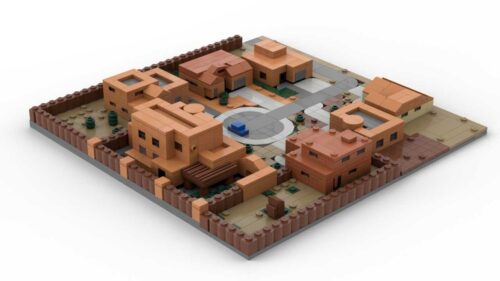 LEGO Pluribus Neighborhood Micro Scale Diorama on white background rear view angle